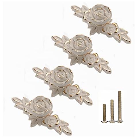 GDQLCNXB 4 Pcs Euro Rose Cabinet Knobs with Backplate, 102mm Vintage Zinc Alloy Flower Drawer Pull Handles for Dresser Vanity Nightstand Cupboard (4.0" Ivory White & Gold Edge) Cover
