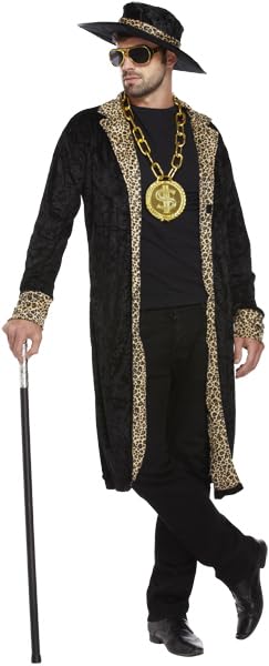 HENBRANDT Adult Mens Black Velvet Pimp Coat with Leopard Print Detail and Matching Hat 1970s Big Daddy Gangster Pimp Dress Up Outfit One Size Mens Fancy Dress Costume