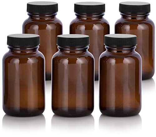 JUVITUS Amber 4 oz Glass Packer Bottle with Black Ribbed Lid (6 pack)