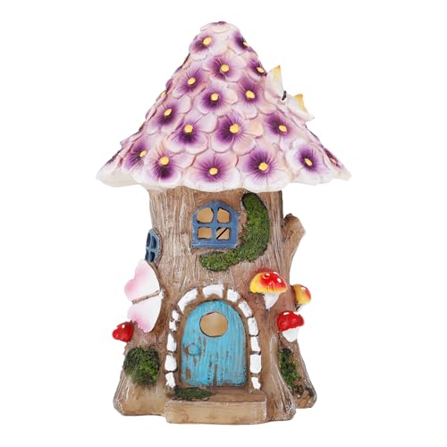 ZFLYCANP Solar Garden Decoration for Outdoors, Solar Powered Mushroom House Outdoor Light, Green Flocked Decorations Resin Fairy House Accessories for Patio Balcony (Purple)