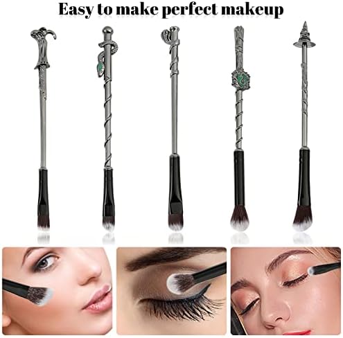 [5 PCS] Makeup Brush Set Metal, 3D Silver Handle Wizard Wand for Foundation Blush, Eyeshadow, Face Concealer, Eyeliner Contour, Powder Liquid Eye, H P Movie, Anime Gift for Girls, Women