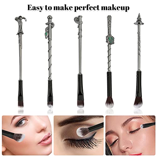 [5 PCS] Makeup Brush Set Metal, 3D Silver Handle Wizard Wand for Foundation Blush, Eyeshadow, Face Concealer, Eyeliner Contour, Powder Liquid Eye, H P Movie, Anime Gift for Girls, Women - Image 4