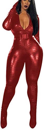 Women Sexy Faux Leather Catsuit Pattern PU V Neck Zip Bodycon Skinny Pants Bodysuit Clubwear Costumes with Belt