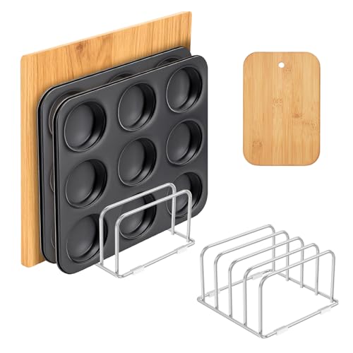 AwObEpl 2 Pcs Stainless Steel Chopping Board Stand, 4-Slot Non Slip Kitchen Organizer Rack, Space-Saving Countertop Holder for Cutting Boards, Cookie Sheets & Pan Lids