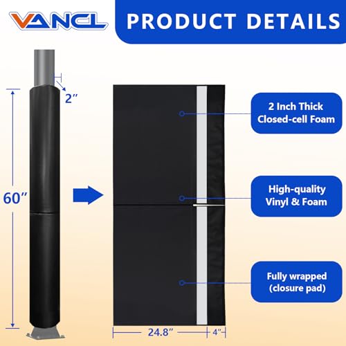 VANCL Basketball Pole Padding – 60\" Heavy Duty Safety Pad Full Wrap Around for 3\" Round Poles, Waterproof & Durable – Gym, Garage, Playground Protection-Balck - Thumbnail 2