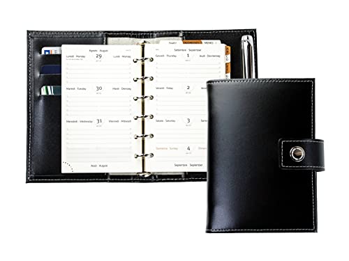 DELMON VARONE - Mini Pocket A6 Kalender 2026 Cambridge Top Grain Leder schwarz - Terminkalender Ringbuch & A-Z Telefonregister - Organizer Terminplaner mit Wochenansicht (1 Woche auf 2 Seiten)