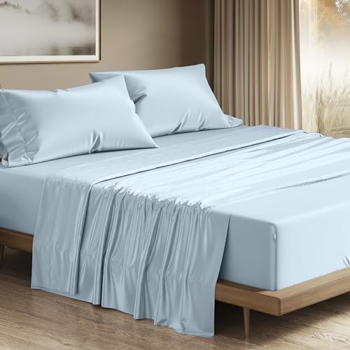 Image of THREAD SPREAD 100% Egyptian Cotton Sheets California King Size - 1200 Series Plush Collection Cal King Size Sheets Set, 4 PC Luxury Bedsheet (Light Blue), Soft, Cooling, 17 inch Deep Pocket Bedsheet Set