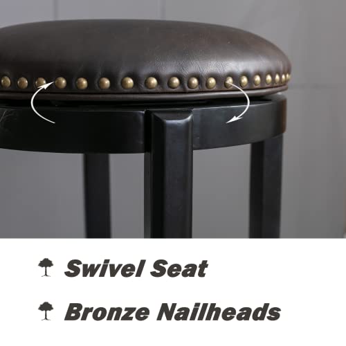 Chairus Pu Upholstered Round Swivel Bar Stools Set Of 4 Modern Nailhead Backless High Barstools With Solid Wood Legs 29.5" Bar Height Stools For Living Room/Dining Room/Kitchen/Home Bar, Coffee #TOP4