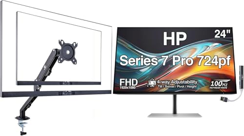 Image of HP Series 7 Pro 724pf 24 inch FHD IPS Monitor with 4-Way Adjustability, Anti-Glare, Flicker Free, VESA Mount (100mm), Displayport, HDMI with Dockztorm Hub & Single Mount Arm, Black /Silver (8X530AA#ABA)