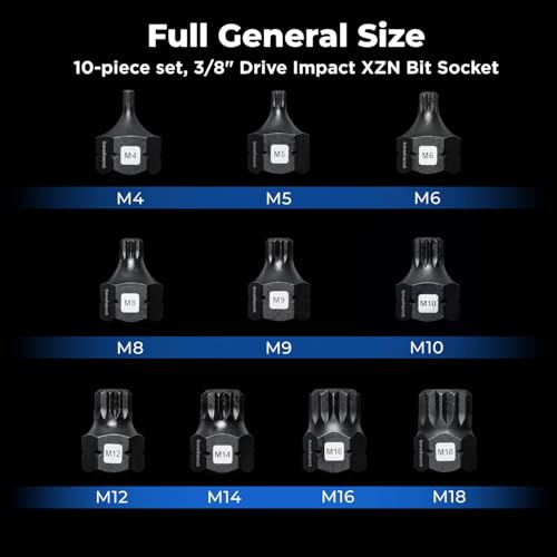 Image of toolant 3 /8 inchdrive impact XZN Triple Square Spline Bit Socket Set 10PCS, M4-M18, S2 Steel Air Drive XZN Socket set, Impact Grade, Anti-Roll Design