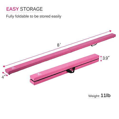 Zelus 8' Folding Gymnastics Balance Beam, Floor Balance Beam W/Carry Handles Anti-Slip Base, Beginners & Professional Gymnasts (8 Ft, Pink) #TOP4