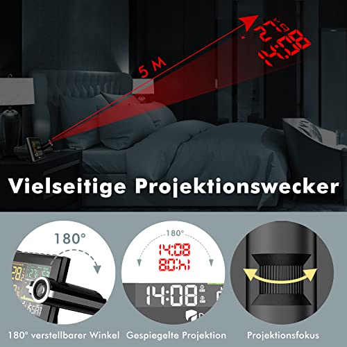 DR.PREPARE Wetterstation mit Außensensor DCF Projektionswecker Einstellbare Projektionsfokus Wecker mit Projektion zeigt Wettervorhersage für Schlafzimmer Büro Wohnzimmer
