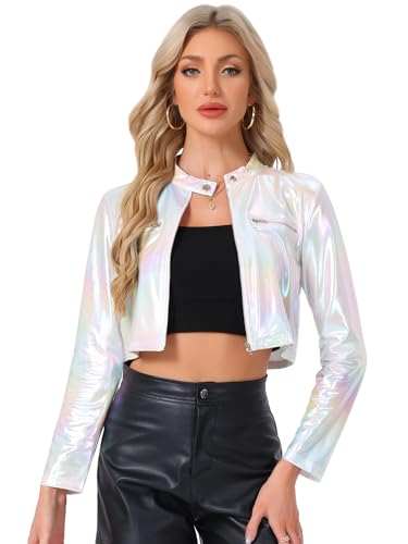 Veste à col montant pour femme Allegra K en blanc avec fermeture éclair métallique taille Small