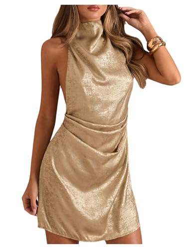RoseSeek Women's Metallic Halter Mini Dress Ruched Front Backless Bodycon Dress Elegant Dresses Gold XX-Small