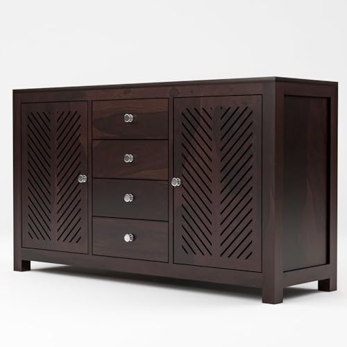 Image of Solid Sheesham Wood Wooden Chest of Drawers for Storage Sideboard Cabinet with 4 Drawers and 4 Shelf Storage for Living Room & Bedroom (Roger, Walnut Finish)