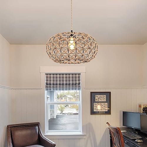 Coastal Large Woven Plug in Pendant Light with 14ft Handmade Woven Light Cord, Rustic Handmade Hemp Rope Hanging Lamp for Bedroom Kitchen Island Farmhouse Dining Room Living Room,17.8 inch Width - Image 7