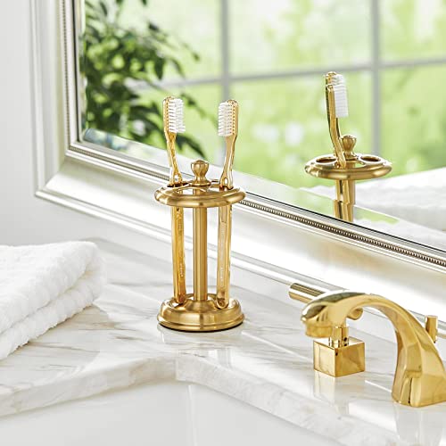 Mdesign Compact Decorative Steel Bathroom Vanity Countertop Toothbrush Holder Stand - Dental Organizer With 4 Compartments For Bathroom Vanity Countertops And Medicine Cabinet - Soft Brass #TOP1
