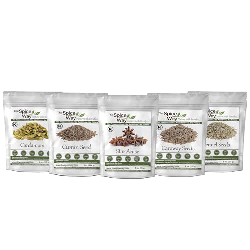 The Spice Way Cardamom 4 oz, Fennel Seed 8 oz, Cumin Seeds 8 oz, Caraway Seeds 4 oz, Star Anise 3 oz Bundle