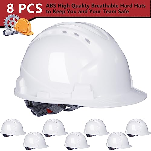 Leumoi 8 Pieces 4 Pt. Suspension Hard Hat Bulk Safety Helmets Adjustable Ratchet Hard Hats with Vents and Cotton Brow Pad ABS Construction Hardhats for Men Work Head Protection Supplies (White) - Thumbnail 2