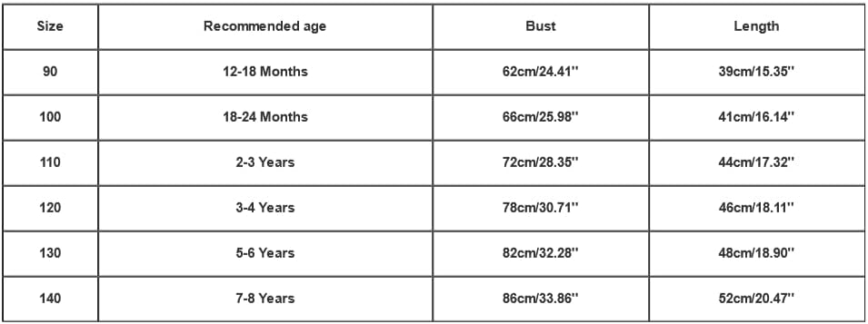 Size chart for children's hooded sweatshirt with columns for Size, Recommended age, Bust, and Length.