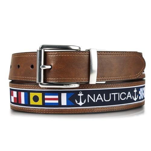 Nautica Mens Reversible Flag Canvas and Leather Belt | 2-in-1 | Classic | Everyday | Dress | Casual | Metal Buckle - Cognac, 40