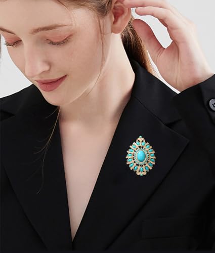 Image of Baroque Turquoise Bead Brooch Pin for Women Men Gold Tone Fashion Blue Birthstone Geometric Filigree Brooches Lapel Pins Dainty Dress Accessories Birthday Anniversary Jewelry Gift