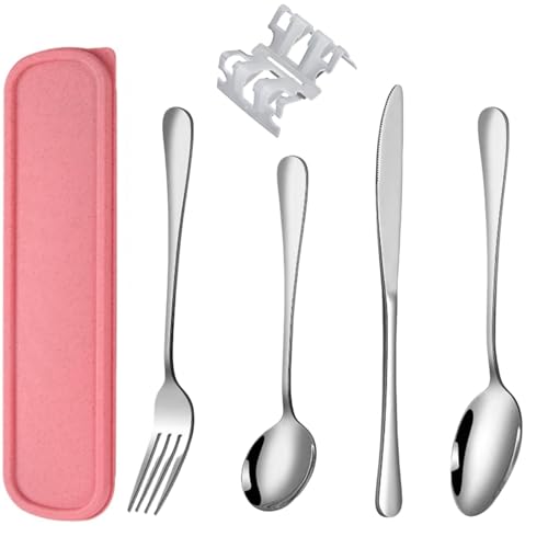4 Pièces Couverts de Camping Ensemble Couteau, Fourchette, Cuillère en Acier Inoxydable, Léger & Portable avec Étui, Idéal pour Voyage, Randonnée, Pique-Nique (Rose)