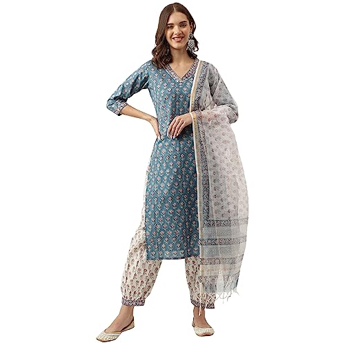 Image of Divena blue Floral Printed Cotton Embroidered kurta, Trouser with Dupatta