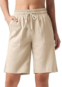 WILLIT Shorts Damen Leinen Shorts Freizeit Bermuda Kurze Hose knielange High Waist Bequeme Sommershorts mit Taschen 10“ Khaki M