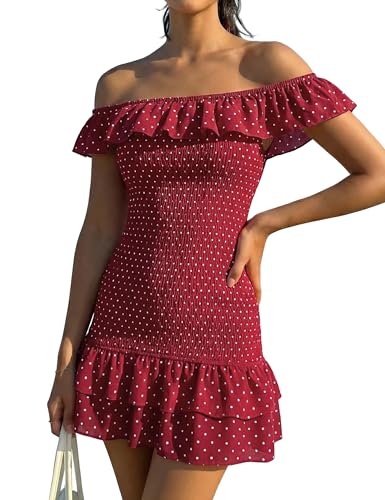 FOMELY Women's Polka Dot Dress Off Shoulder Mini Dress Ruffle Bodycon Dress