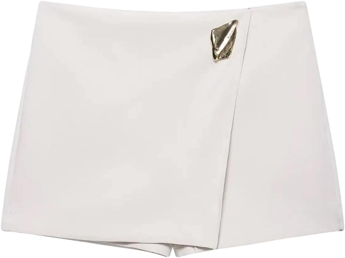 Women Elegant Asymmetric Above Knee Shorts Evening Party Button High Waisted A-Line Shorts