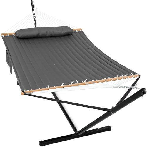 GAFETE 2 Person Hammock with Stand for Outside, Heavy Duty Steel Stand, 55inch Double Hammocks, Large Removable Pillow, Storage Bags, Max 475 lbs Capacity (Haze Gray) by gafete - Used condition - US$97.03