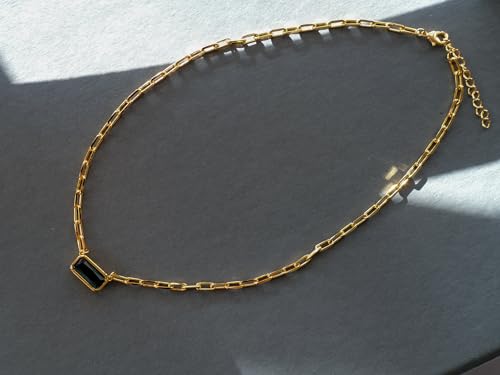 espere Emerald-Cut Pendant Necklace | Paperclip Link Chain Green CZ Solitaire Pendant Necklace | East West Bezel Set Charm 17+2'' - Gold by espere - Used condition - Image 6
