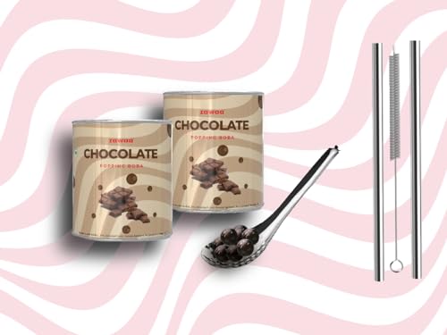 Image of ZAWAA 2 Popping Boba (Each 300gm) Total 600gm (Fruit Flavours), 2 Stainless Steel Straws (12mm), 1 Cleaning Brush, 1 Boba Scoop | Combo Of 2 Chocolate