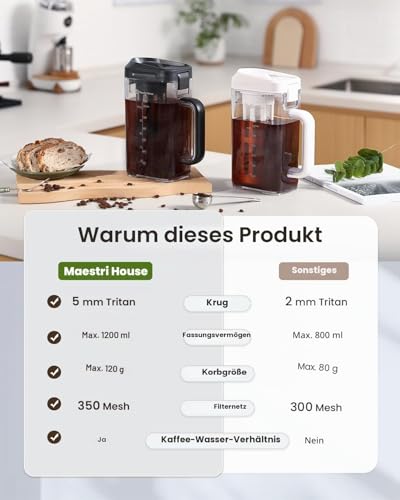 Maestri House Kompakte Kaltgebrüh-Kaffeemaschine, 1,2L Cold Brew Coffee Maker, platzsparender Tritan-Krug, 350 Mesh-Filter, 100% auslaufsicher, Schwarz
