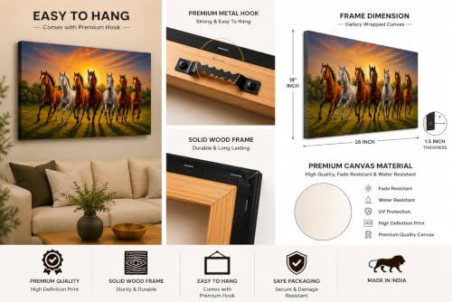 Image of 7 Horse Vastu Sunrise Canvas Painting | Positive Energy Wall Decor | Big Size Premium Running Horses Artwork for Home, Office & Hall Decoration (Modern, Brown Horse, 26x18 Inch)