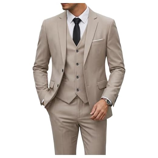 YND Men's 3 Piece Suit Set with Tie, 2 Button Slim Fit Solid Blazer Jacket Vest Pants, Business Wedding Party Suits for Men, Beige