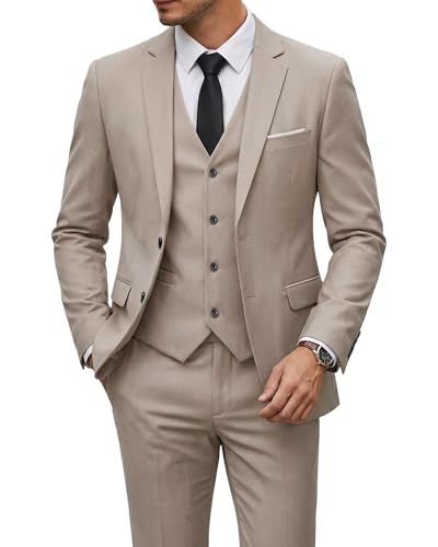 YND Mens 3 Piece Suit Set with Tie 2 Button Slim Fit Solid Blazer Jacket Vest Pants Business Wedding Party Suits for Men Beige