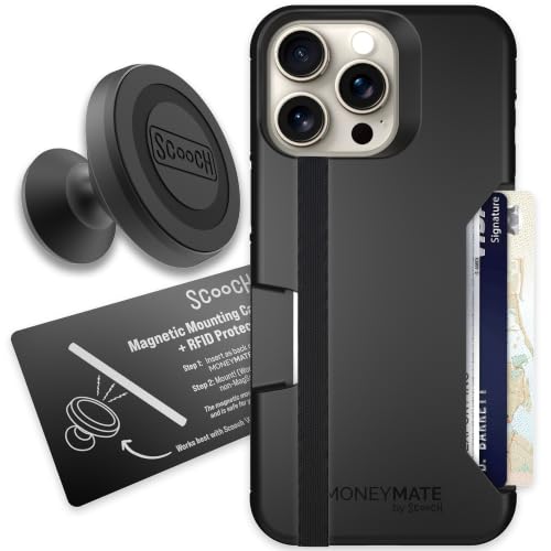 Scooch for iPhone 15 Pro Max Wallet Case Card Holder, Moneymate, Black | With Wingmount Car Mount, Slim Card Holder for 3-4 Cards, 10-foot Drop Protection, Built-in Hidden Pocket