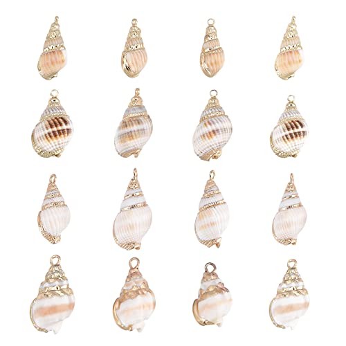 SUNNYCLUE 1 Box 16Pcs 4 Style Ocean Beach Spiral Seashells Craft Charms Connectors Pendant Conch Shells Charms with Plated Golden Loop Bail for Bracelet Necklace Making Craft Supplies