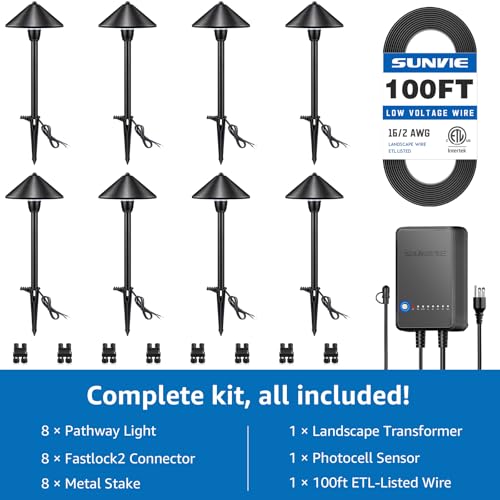 SUNVIE All-In-One LED Low Voltage Landscape Lighting Kit, 8 Pack Pathway Lights with Connector Transformer and 100FT Low Voltage Wire, 3000K Landscape Lighting for Path Walkway Garden Yard - Thumbnail 5