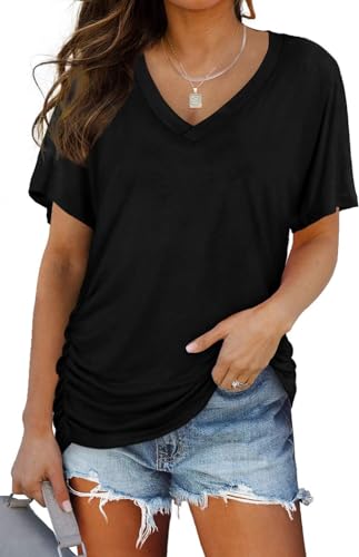T-shirt femme col en V manches courtes noir basique chic L