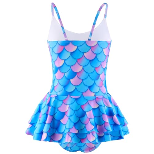 Image of Girl's One Piece Swimsuit Mermaid Swimwear Bathing Suit with Ruffle Skirt | 4-10 years, Tummy control, spaghetti straps and ruffle skirt, gradient mermaid scale print,quick dry, beach & pool & water