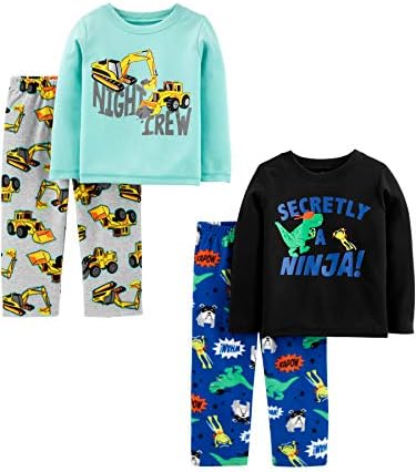 Simple Joys by Carter's Toddler Boys' 4-Piece Loose-Fit Fleece Pajama Set, Aqua Blue/Black/Dinosuar/Trucks, 4T