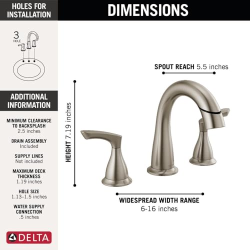 Delta Broadmoor Brushed Nickel Bathroom Faucet with Sprayer, 8 Inch 3 Hole Widespread Bathroom Sink Faucet with Pull Out Sprayer, Push-Pop Drain, SpotShield Stainless 35765LF-SPPD by DELTA - Image 7