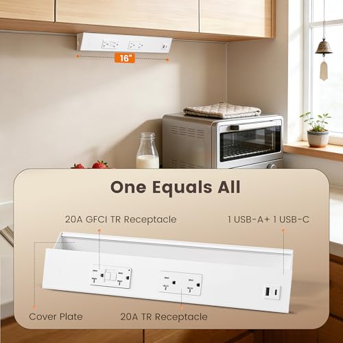 SURAIELEC 2-Pack 16 in Hardwired Under Cabinet Power Strip with GFCI, 20A GFCI + 20A TR Outlet with USB-A & USB-C, Angled Outlet Design, 2500W Rating, Modular No-Cut System, ETL Listed by SURAIELEC - Image 3