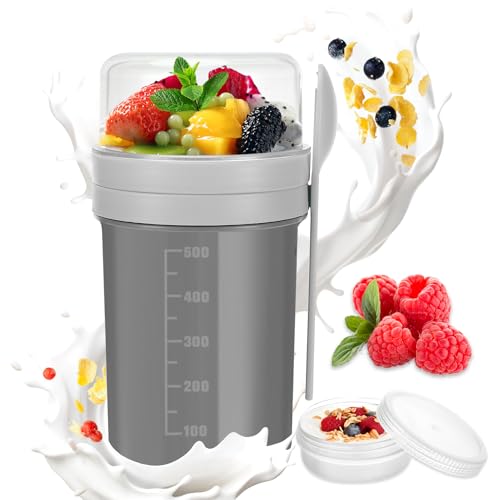 Ledebouk Portátil Taza de Cereales con Tapa y Cuchara, 250+550ml Tarros de Avena Nocturna, Overnight Oats Jar, Tarros de Yogur con Medidor para Cereales Leche Fruta (Gris)