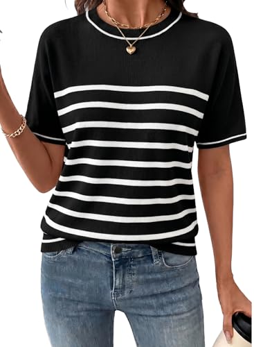 Image of SHEWIN Womens Tops Trendy Short Sleeve Shirts Crewneck Lightweight Knit Sweater Top Business Casual Outfits