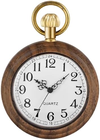 Tiong Brown and White Arabic Numerals Wooden Quartz Men Pocket Watch, Lightweight Wooden Men's Fob Pocket Watch with Gold Chain - Brown and White