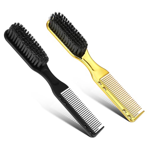 Yuanchu 2Pcs Barber Brushes with Barber Combs Professional Anti Static Clipper Combs Barber Beard Brush for Men Flat Top Comb Hair Styling Brush Tool Barber Supplies Accessories(Gold+Black)